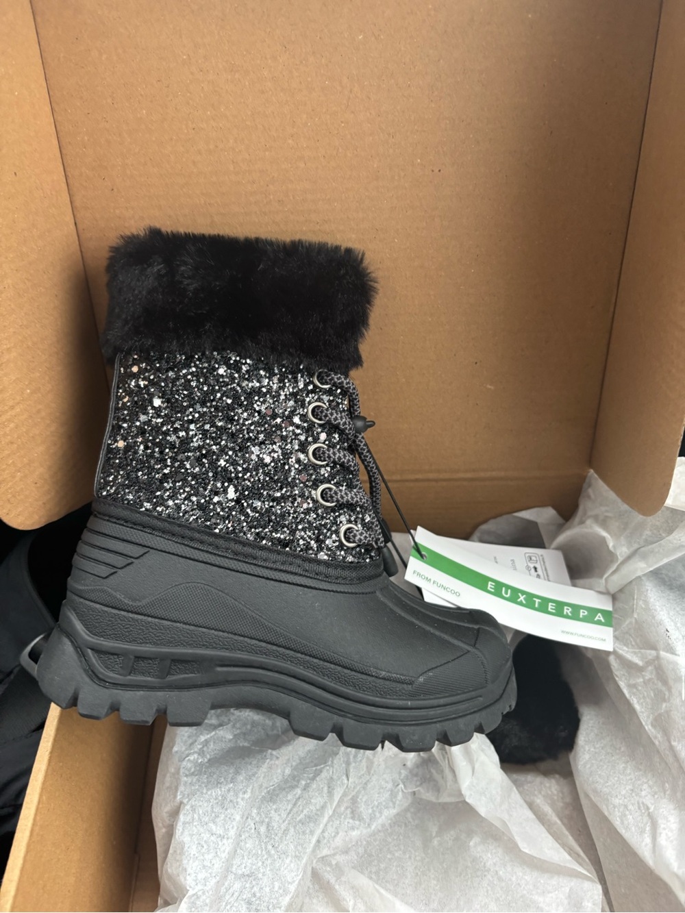 Kids Black Glitter Winter Boots